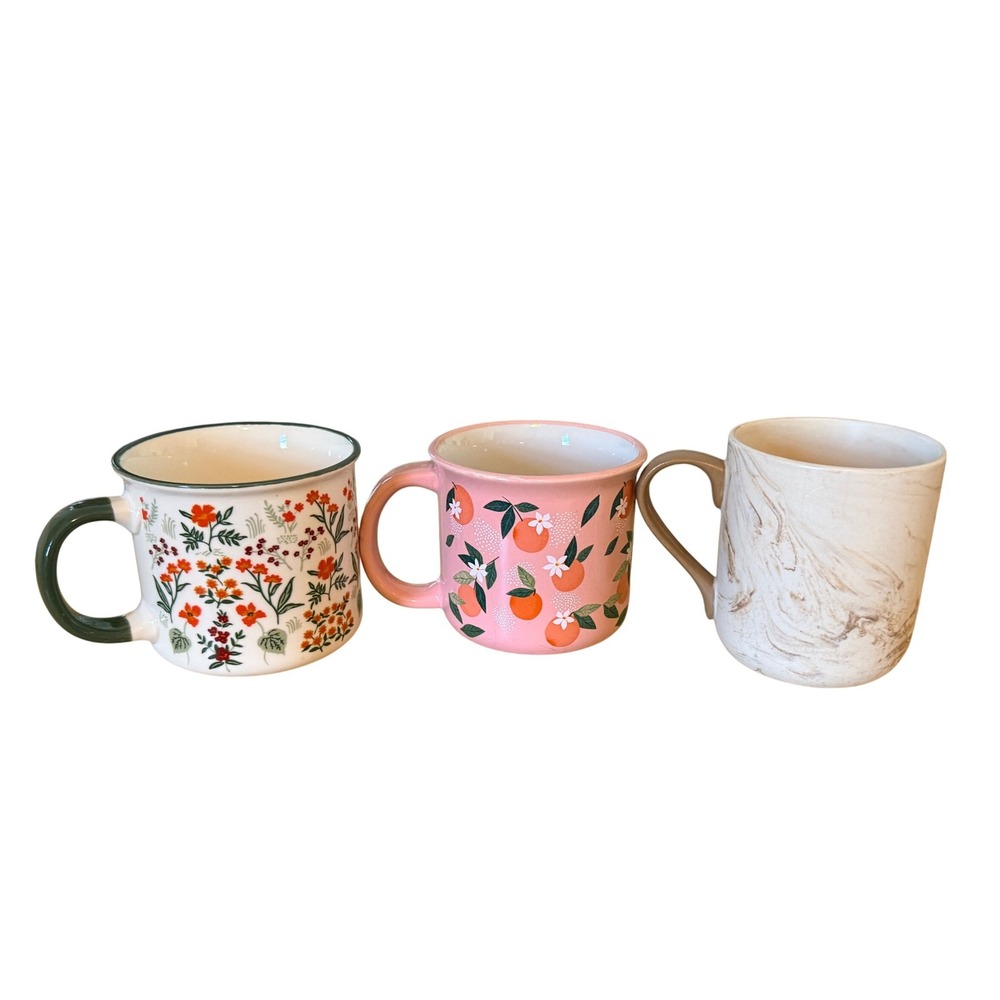 Assorted Ceramic Coffee Mug Set of 3 Floral Citrus Orange and Marble Designs